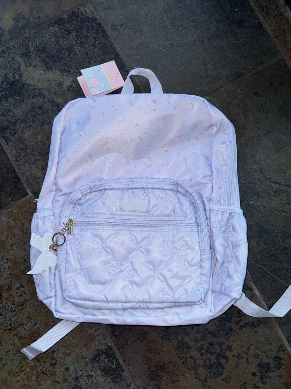 LoveShackFancy Lilac Quilted Kids Backpack with Bow Charm